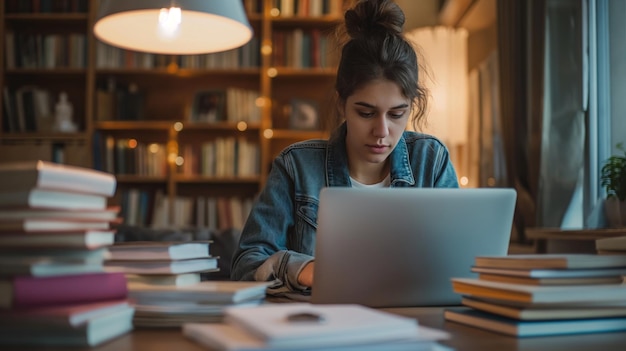 Uczeń uczący się z laptopa z stosem książek i notatek rozrzuconych wokół egzaminu nauczania na odległość