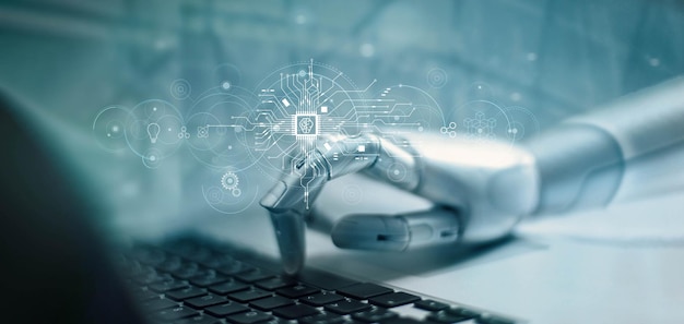 Uczenie AI i sztuczna inteligencja Futurystyczny robot pracujący z laptopem do rozwijania kodowania