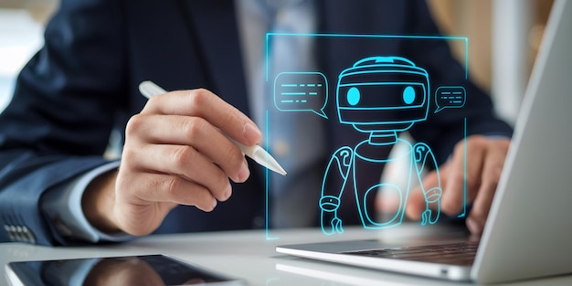 Uczenie maszynowe AI Ręce robota i ludzkiego dotyku na dużej sieci danych połączenie mózgu AI