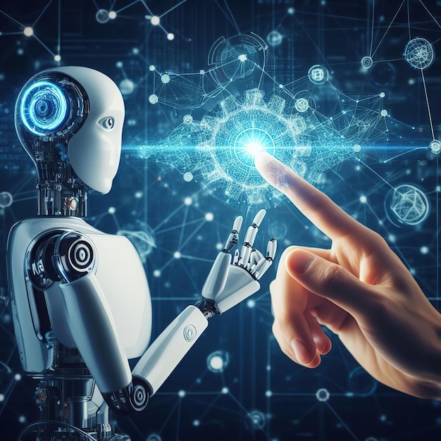 Uczenie maszynowe Ręce robota i człowieka dotykają połączenia sieciowych dużych danych
