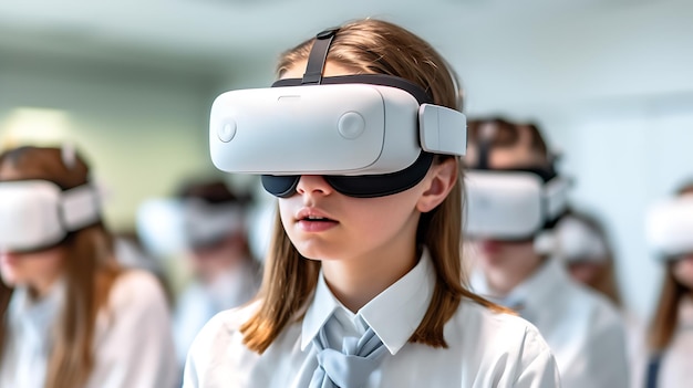 Uczennica nosząca w szkole gogle wirtualnej rzeczywistości Utworzono za pomocą technologii generatywnej sztucznej inteligencji