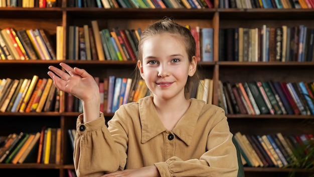 Uczennica w brązowej kurtce macha ręką, rozmawia i uśmiecha się do kamery, siedząc na lekcji online w domu na tle kolorowych książek na półkach zbliżenia