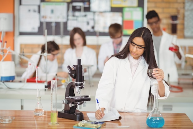 Uczennice pisze w dzienniku podczas eksperymentów w laboratorium