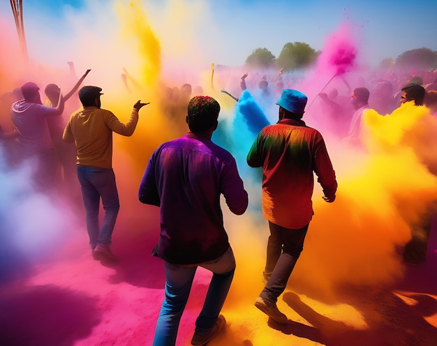 Uczestnicy festiwalu Holi świętują, rzucając w siebie kolorowymi proszkami i wodą