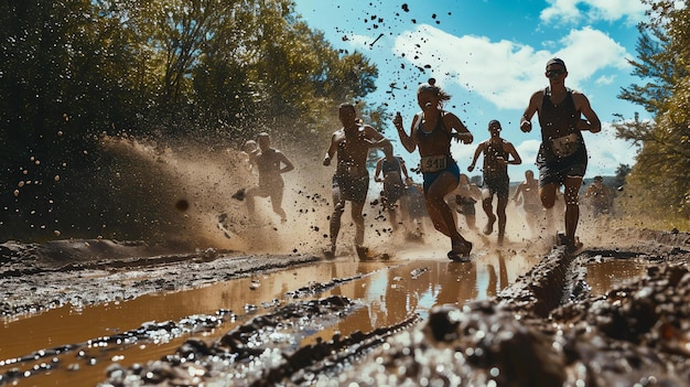 Zdjęcie uczestnicy rywalizują w wyścigu przeszkód w błocie. są pokryci błotem i biegną przez błotnistą kałużę.