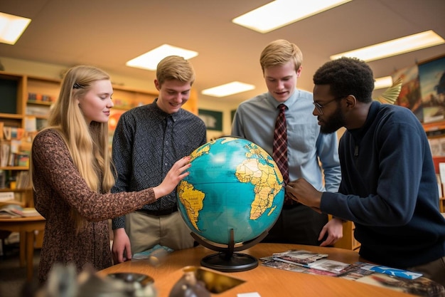 Uczniowie patrzą na kulę ziemską, na której znajduje się mapa świata.