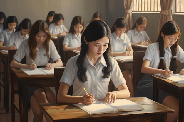 uczniowie piszą w pustej klasie w stylu radosnej i optymistycznej sztuki tajskiej
