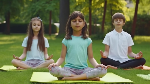 Uczniowie uprawiający jogę i medytujący na macie do jogi w szkolnym ogrodzie Generative AI