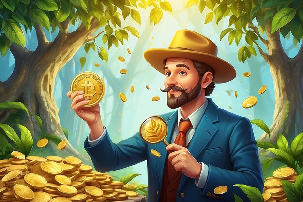 Udany górnik Szczęśliwy facet z bliska patrzy na złotą monetę przez szkło powiększające w pobliżu drzewa pieniężnego