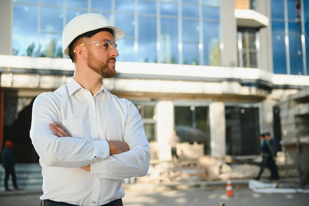 Udany inżynier lub architekt, dźwig i konstrukcja budynku w tle. Radosny biznesmen z noszeniem hełmu.