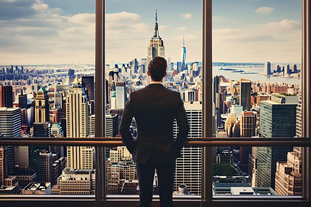 Zdjęcie udany zmotywowany inspirujący przedsiębiorca biznesmen patrzący na budynki miejskie