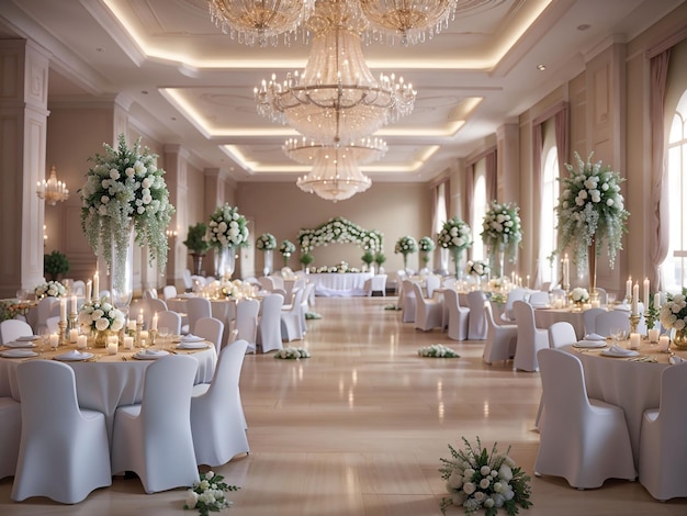 Udekorowana sala weselna ze świecami, okrągłymi stołami i ozdobami na środek stołu