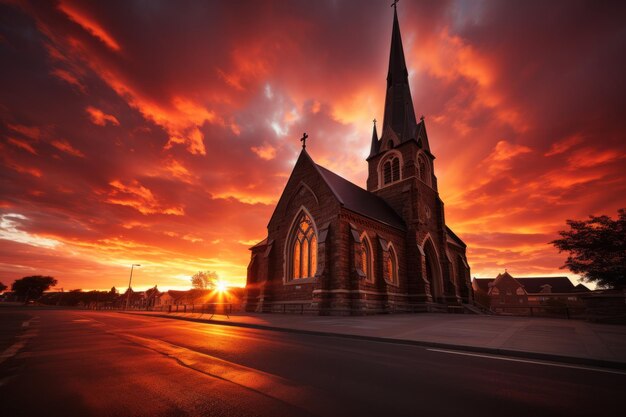 Zdjęcie uderzająca sylwetka kościołów na tle dramatycznego zachodu słońca generatywna sztuczna inteligencja