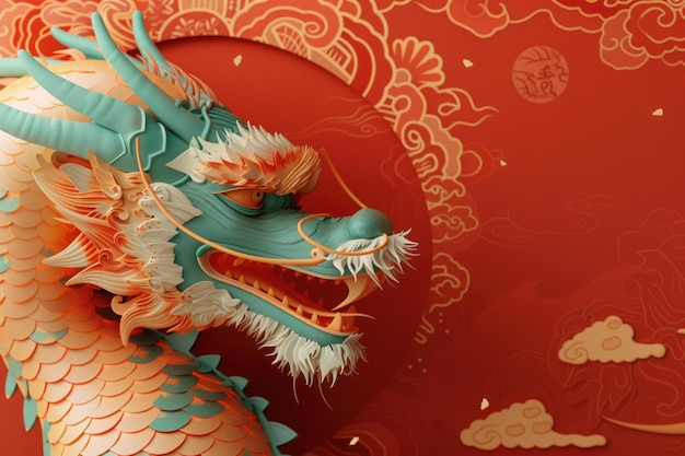 Uderzająco żywa i kolorowa chińska ilustracja smoka tkająca przez motywy kwiatowe na bogatym