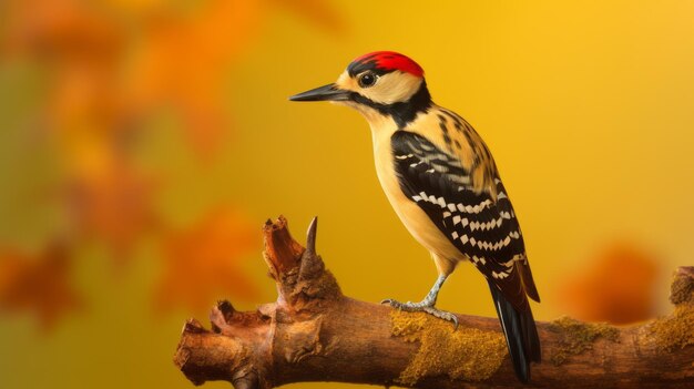 Uderzający dzięcioł z złotymi plamami Realistyczna martwa natura z dramatycznym oświetleniem