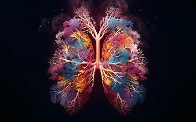 Uderzający i surrealistyczny obraz ludzkich płuc w stylu eterycznego drzewa wzory liści młodzieńcza energia świeże powietrze do oddychania Generative Ai