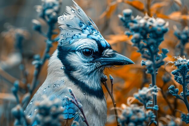 Zdjęcie uderzający niebieski ptak w żywo pomarańczowych i błękitnych kolorach z bliska widok dzikiej przyrody w naturalnym otoczeniu