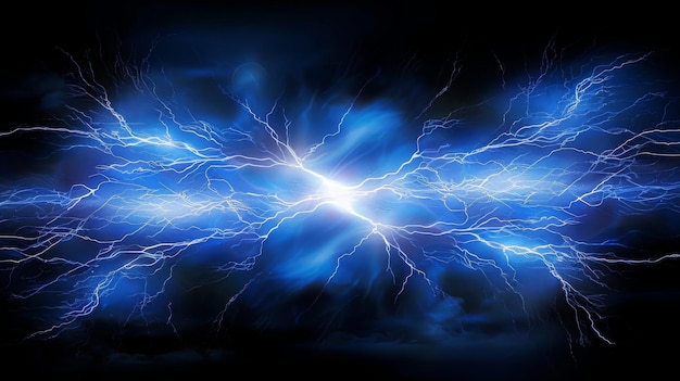 Zdjęcie uderzający obraz jasnoniebieskiego błyskawicy przebijającej się przez ciemne niebo ten potężny i elektryczny