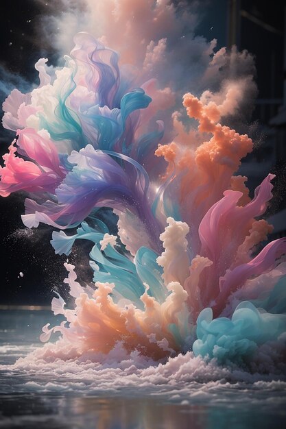 Zdjęcie uderzający widok wybuchającego pastelowego proszku przypominającego meduzę wdzięcznie unoszącą się nad wodą