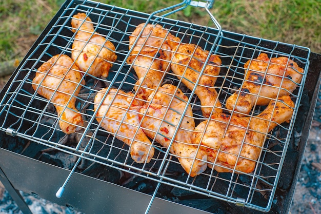 Udka i skrzydełka kurczaka smażone na węglach w piecyku na grillu marynowany kurczak smażony na pikniku