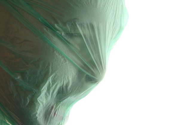 Uduszenie. Mężczyzna Z Zieloną Przezroczystą Plastikową Torbą Na Głowie Dusi Się.