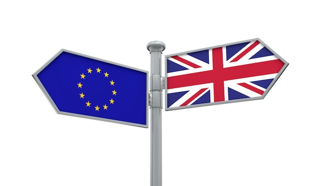 UE i Wielka Brytania drogowskaz Brexit Ruch w różnych kierunkach Renderowanie 3D