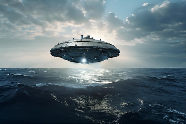 UFO lądujące lub latające nad oceanem scena science fiction