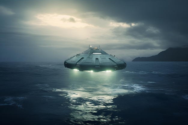 UFO lądujące lub latające nad oceanem scena science fiction