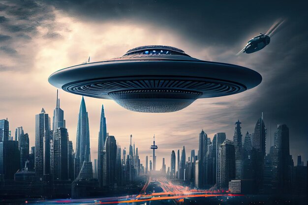 Ufo latające nad futurystycznym miastem z drapaczami chmur i pojazdami latającymi widocznymi w tle