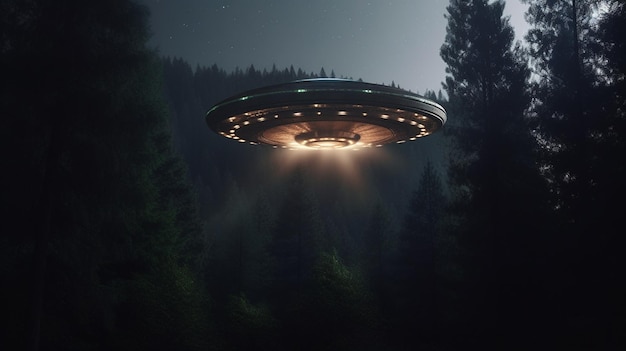 UFO latające w ciemnym lesie w nocy generatywnej ai