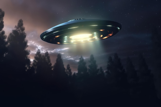 UFO latające z wiązką kosmitów i uprowadzeń w nocy Wygenerowane przez sztuczną inteligencję