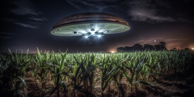 Zdjęcie ufo lecące nad polem kukurydzy