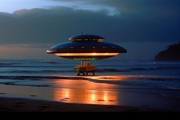 Zdjęcie ufo na plaży w nocy z włączonymi światłami.