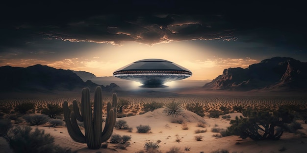 UFO nad pustynnym dramatycznym krajobrazem