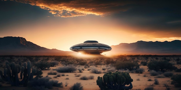 Zdjęcie ufo nad pustynnym dramatycznym krajobrazem