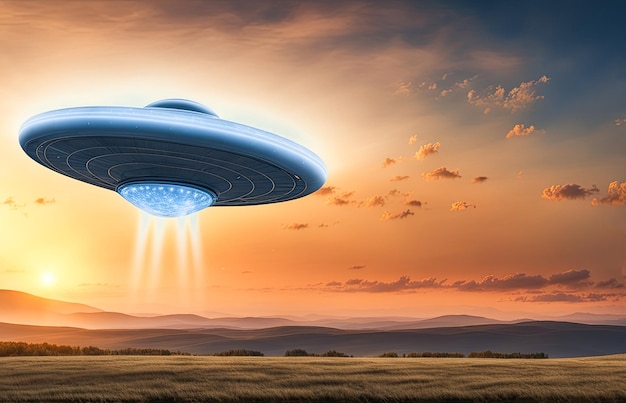 UFO obca płytka unosi się nad polem unosi się nieruchomo w powietrzu niezidentyfikowany obiekt latający inwazja obca życie pozaziemskie podróże kosmiczne statek kosmiczny humanoidalny mieszany środek plac zabaw Ai