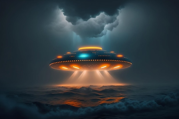 UFO z pomarańczowym blaskiem unoszącym się nad oceanem na ciemnym niebie