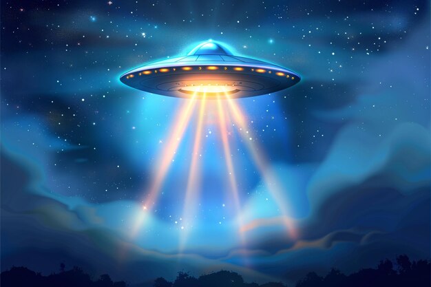 UFO z światłami na nim i niebieskie niebo z chmurami UFO statek kosmiczny obcy statek ilustracja przestrzeń al