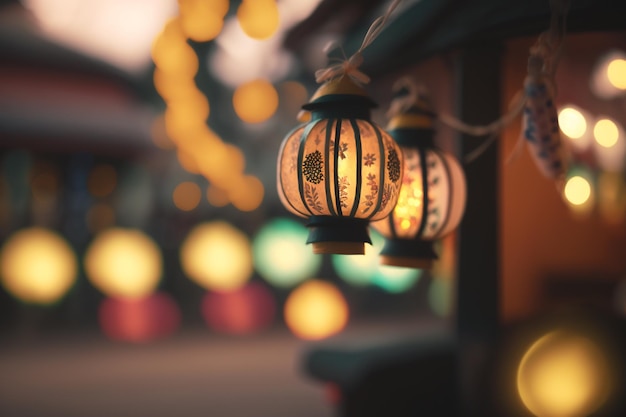Uhonorowanie przodków świętujących japoński festiwal Obon z lampionami i tańcem