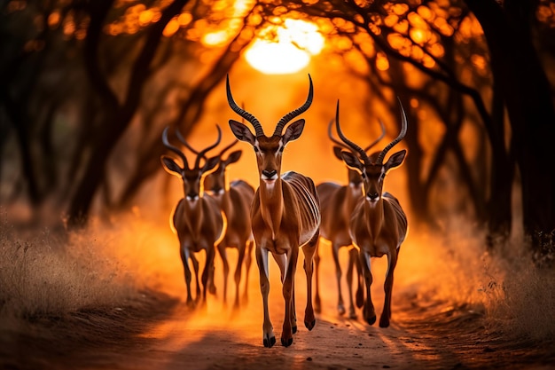 Zdjęcie ujęcia wdzięcznego poruszania się antylop w złotym świetle afrykańskiej sawanny o zachodzie słońca