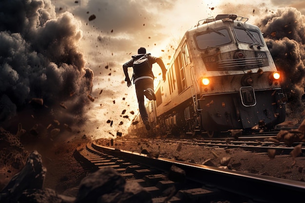 Ujęcie akcji przedstawiające mężczyznę wyskakującego z pociągu Dynamiczna scena z eksplozją wagonu kolejowego w stylu hitowego kina akcji Wygenerowana sztuczna inteligencja
