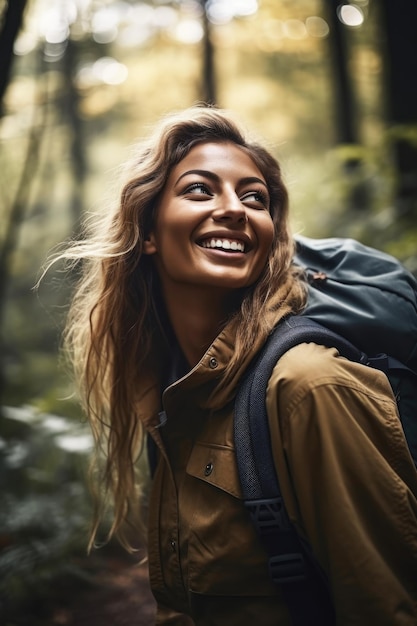 Ujęcie atrakcyjnej młodej kobiety podczas wędrówki po lesie stworzone za pomocą generatywnej sztucznej inteligencji