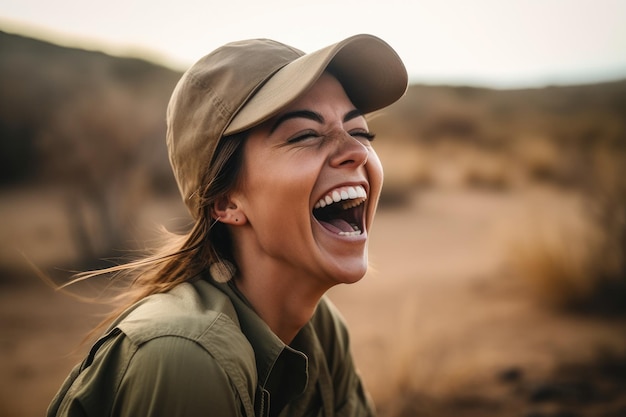 Zdjęcie ujęcie atrakcyjnej młodej kobiety rozmawiającej i śmiejącej się podczas pracy w rezerwacie dzikiej przyrody