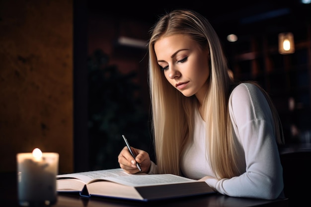 Ujęcie atrakcyjnej młodej kobiety studiującej z otwartą książką stworzoną za pomocą generatywnej sztucznej inteligencji