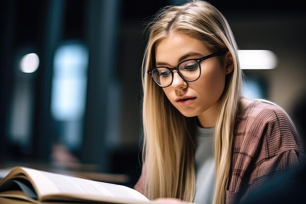 Zdjęcie ujęcie atrakcyjnej studentki czytającej podręcznik stworzony za pomocą generatywnej sztucznej inteligencji