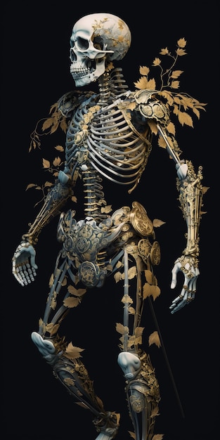 Ujęcie całego ciała szkieletowego wojownika kintsugi bushido.