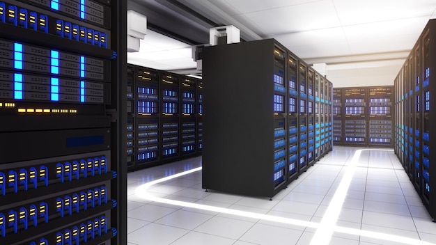 Ujęcie centrum danych z wieloma rzędami w pełni sprawnych szaf serwerowych Nowoczesna telekomunikacja Sztuczna inteligencjaPokój serwerówRenderowanie 3d