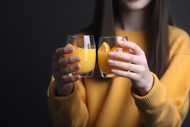Ujęcie dłoni trzymających szklanki soku pomarańczowego generującego sztuczną inteligencję