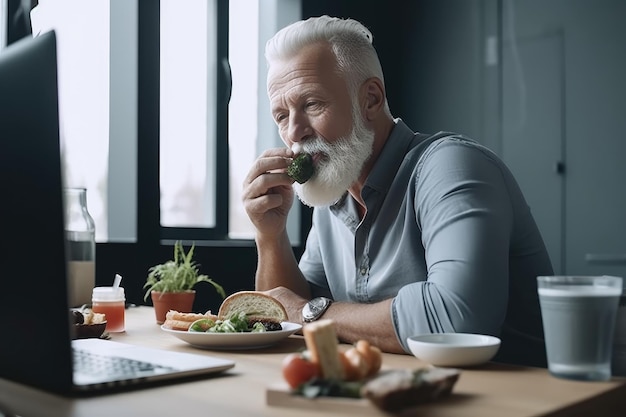 Ujęcie dojrzałego mężczyzny jedzącego lunch przy biurku stworzone za pomocą generatywnej sztucznej inteligencji