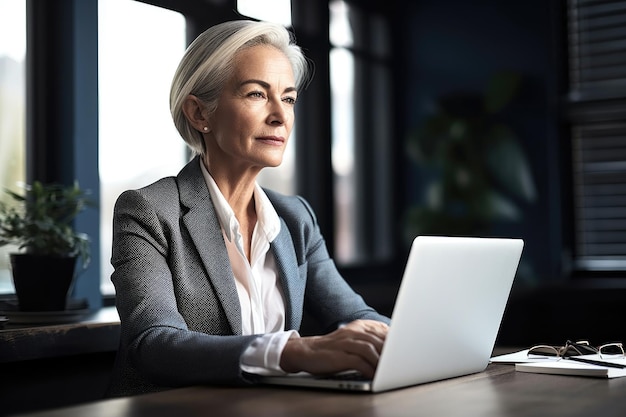 Ujęcie dojrzałej bizneswoman korzystającej z laptopa w biurze utworzonym za pomocą generatywnej sztucznej inteligencji